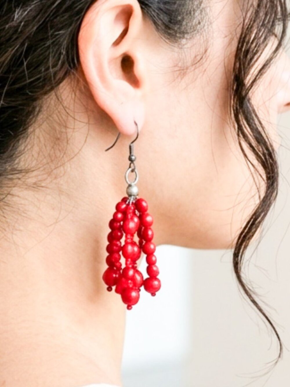 Vintage Style Red Glass Bead Multi Strand Tassel Drop Earrings